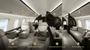 Interior view of the four living zones configured for work and relaxation on a Bombardier Global 8000 private jet