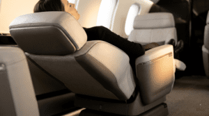 A close-up image of the Nuage zero-gravity seat in its deep-recline position