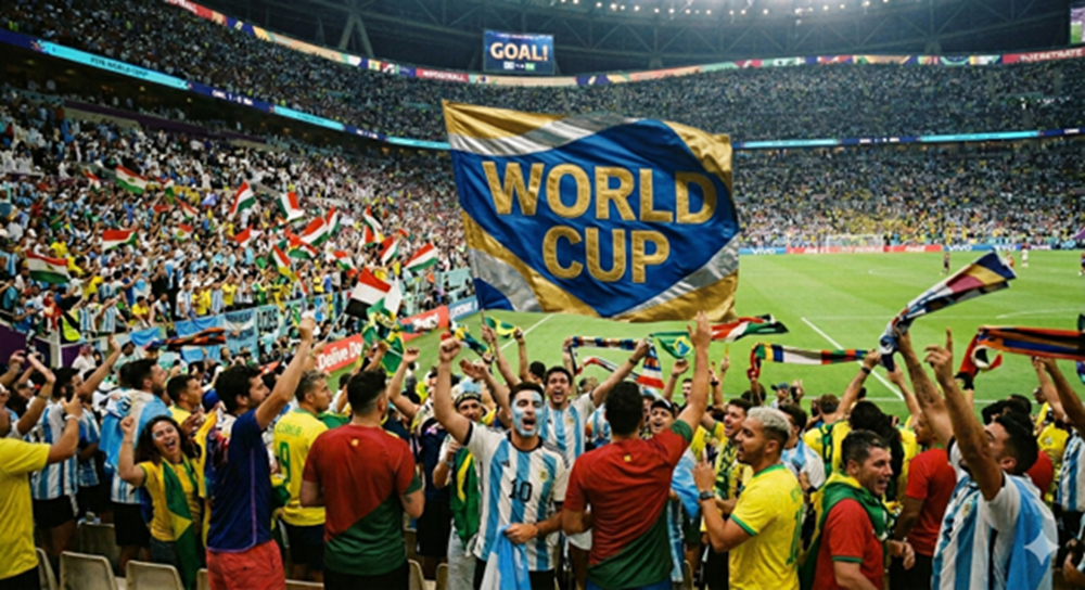 Soccer fans at the FIFA World Cup cheering on their team 