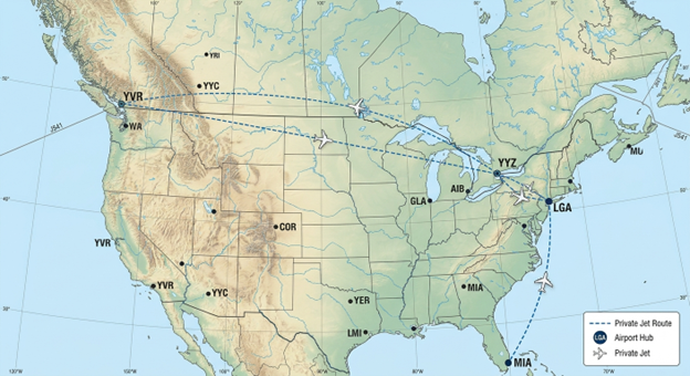 A detailed flight planning map showing routes between Toronto, Vancouver, and U.S. host cities like New York and Miami 